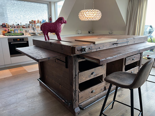 Isola Cucina AMBURGO stile INVECCHIATO | ROVINATO | INDUSTRIAL in legno massello con piano estraibile 230x130xH90cm SU MISURA