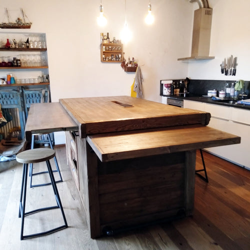 Kücheninsel im FIRENZE INDUSTRIAL-Stil mit ausziehbarer und herunterklappbarer Platte, optionale Hocker 200 x 120 x 105 cm aus Massivholz