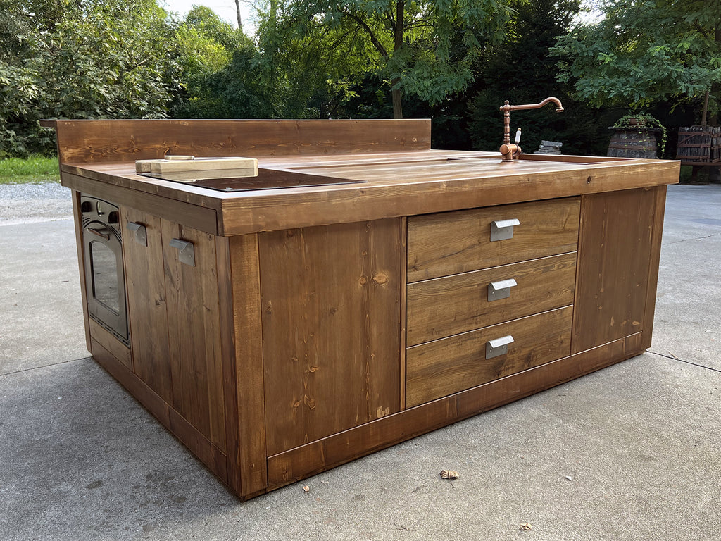 Kitchen island with INDUSTRIAL style BAR counter in solid wood, provision for appliances, optional stool 200x100xh100 cm