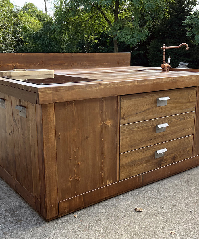 Kitchen island with INDUSTRIAL style BAR counter in solid wood, provision for appliances, optional stool 200x100xh100 cm