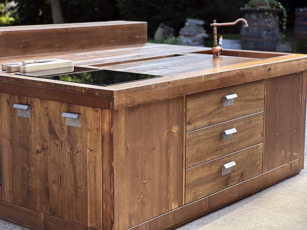 Kitchen island with INDUSTRIAL style BAR counter in solid wood, provision for appliances, optional stool 200x100xh100 cm