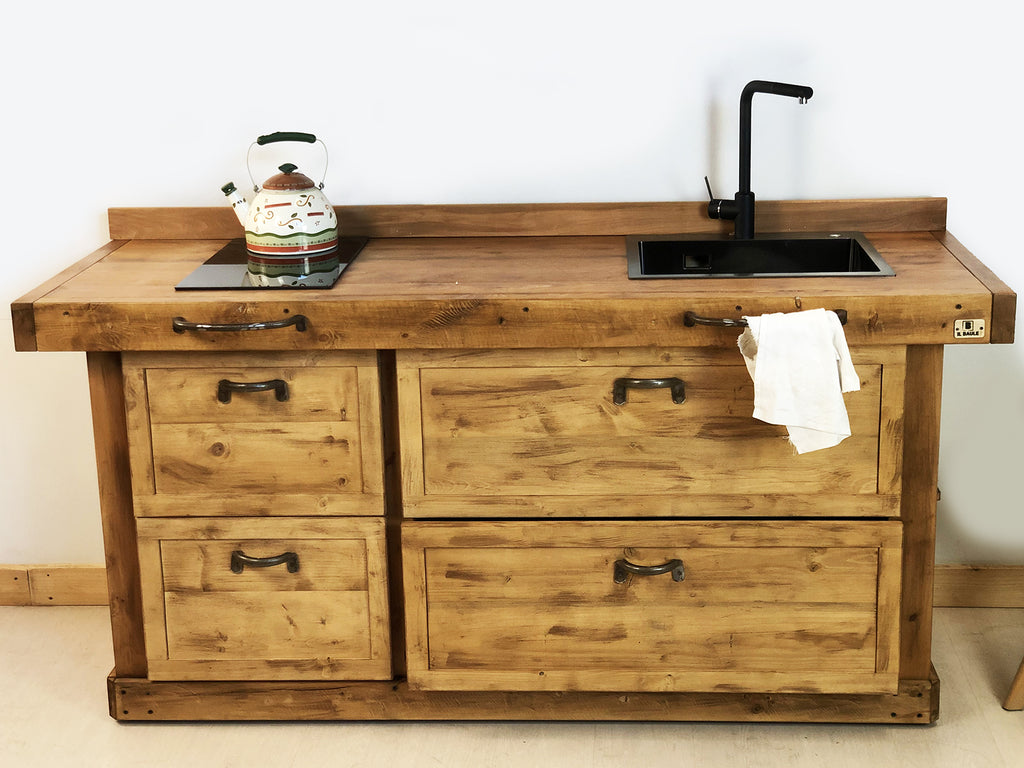 Mini kitchen COUNTRY / INDUSTRIAL style in solid wood complete with sink and mixer and hob included 160x65xh90 cm