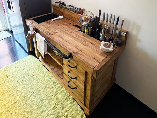 Miniküche mit Zubehör, Modell MARVIN, INDUSTRIAL-Stil, aus Massivholz + Rückwand + Regal, Maße 180x60xh90cm