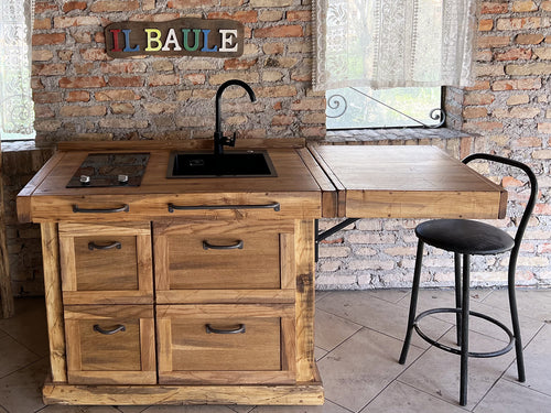 Mini-Küche Modell MARIE im COUNTRY-/INDUSTRIE-Stil aus Massivholz mit Klapptisch, komplett mit Spülbecken, Mischbatterie und Kochfeld inklusive 120 + 60 x 70 x 90 cm