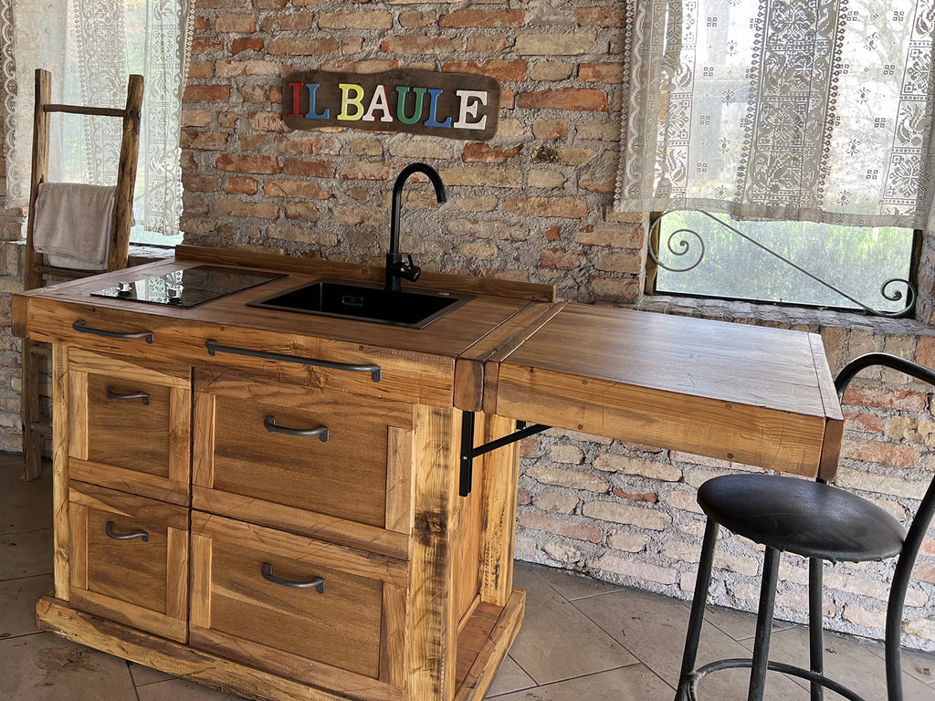 Mini Kitchen model MARIE COUNTRY / INDUSTRIAL style in solid wood with fold-down table complete with sink mixer tap and hob included 120 + 60x70xh90 cm