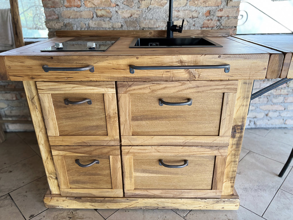 Mini Cucina modello MARIE stile COUNTRY / INDUSTRIAL in legno massello con tavolo a ribalta completa di lavello miscelatore piano cottura inclusi 120+60x70xh90 cm