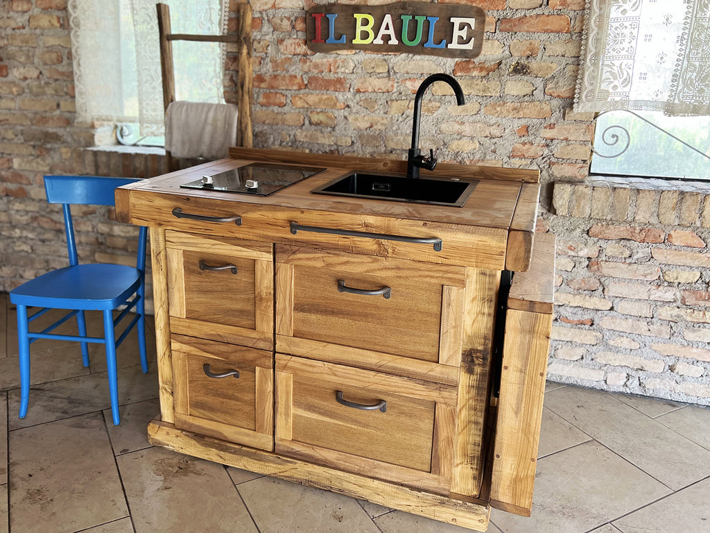 Mini Cucina modello MARIE stile COUNTRY / INDUSTRIAL in legno massello con tavolo a ribalta completa di lavello miscelatore piano cottura inclusi 120+60x70xh90 cm