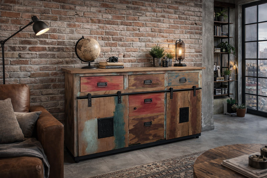 Mobile Credenza Madia soggiorno stile INDUSTRIAL legno massello porte scorrevoli e cassetti 160x50xh100 cm
