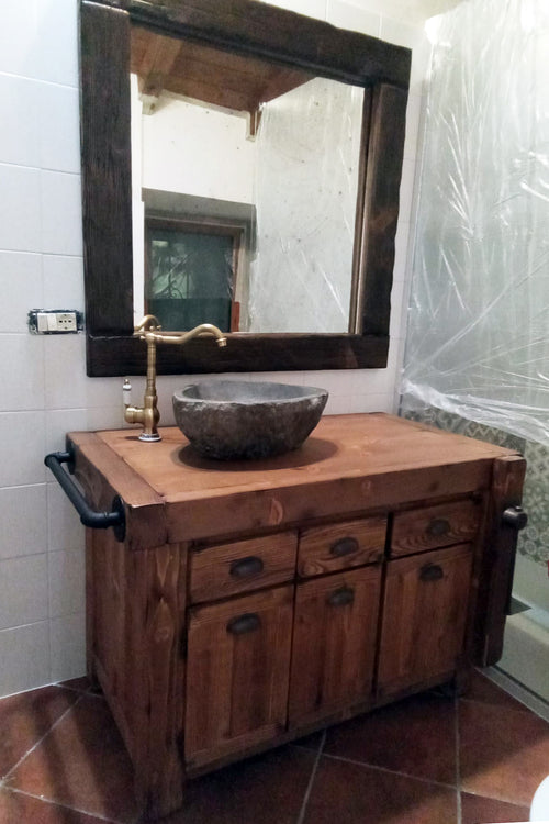 Bathroom cabinet INDUSTRIAL style mod. Valentina in solid wood + Stone sink and tap mirror and optional toilet roll holder dimensions 110x60xh72+15cm