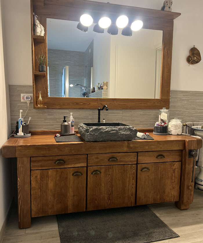 Mobile arredo Bagno con lavabo in pietra rubinetto specchiera mod. SILVIA stile BANCO FALEGNAME 180x50xh72cm legno massello LUCI OPZIONALI