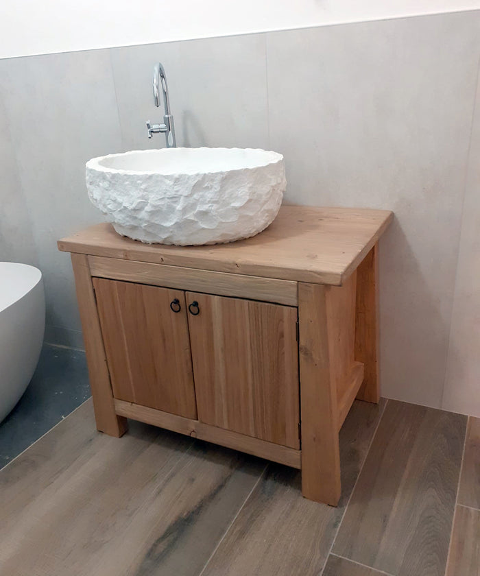 Mobile bagno di DESIGN Obliquo in legno massello Lavabo ovale in pietra bianca OPZIONALE misure 80x50xh70+20cm