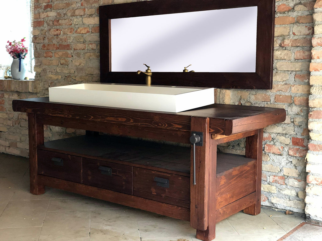 Badezimmerschrank Valentina im Industriestil aus Massivholz + Waschbecken und Wasserhahn aus Stein, Spiegel und Toilettenpapierhalter optional, Maße 110 x 60 x H72 + 15 cm