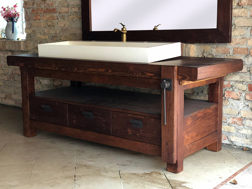 Badezimmerschrank Valentina im Industriestil aus Massivholz + Waschbecken und Wasserhahn aus Stein, Spiegel und Toilettenpapierhalter optional, Maße 110 x 60 x H72 + 15 cm