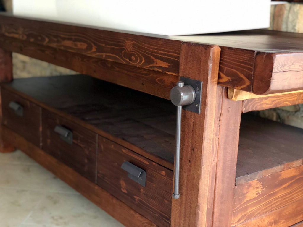 Badezimmerschrank Valentina im Industriestil aus Massivholz + Waschbecken und Wasserhahn aus Stein, Spiegel und Toilettenpapierhalter optional, Maße 110 x 60 x H72 + 15 cm