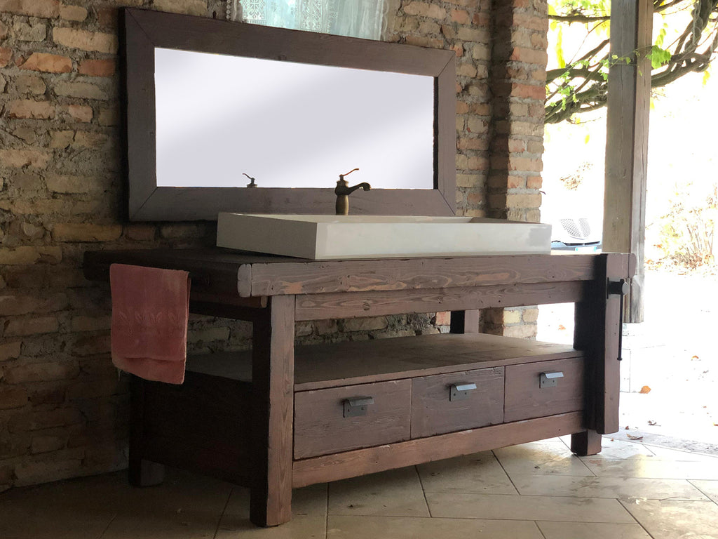 Badezimmerschrank Valentina im Industriestil aus Massivholz + Waschbecken und Wasserhahn aus Stein, Spiegel und Toilettenpapierhalter optional, Maße 110 x 60 x H72 + 15 cm