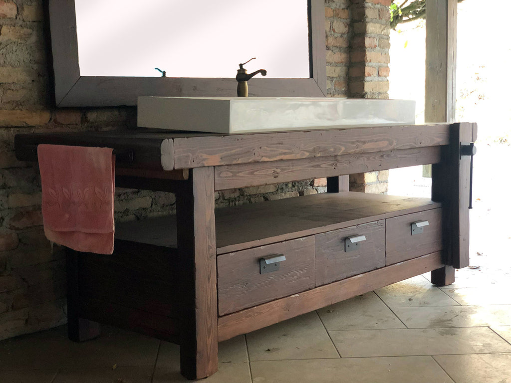 Badezimmerschrank Valentina im Industriestil aus Massivholz + Waschbecken und Wasserhahn aus Stein, Spiegel und Toilettenpapierhalter optional, Maße 110 x 60 x H72 + 15 cm