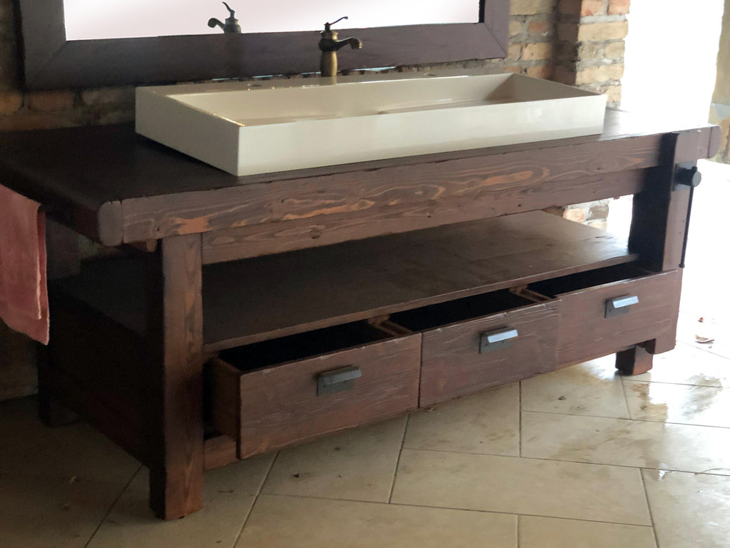 Badezimmerschrank Valentina im Industriestil aus Massivholz + Waschbecken und Wasserhahn aus Stein, Spiegel und Toilettenpapierhalter optional, Maße 110 x 60 x H72 + 15 cm