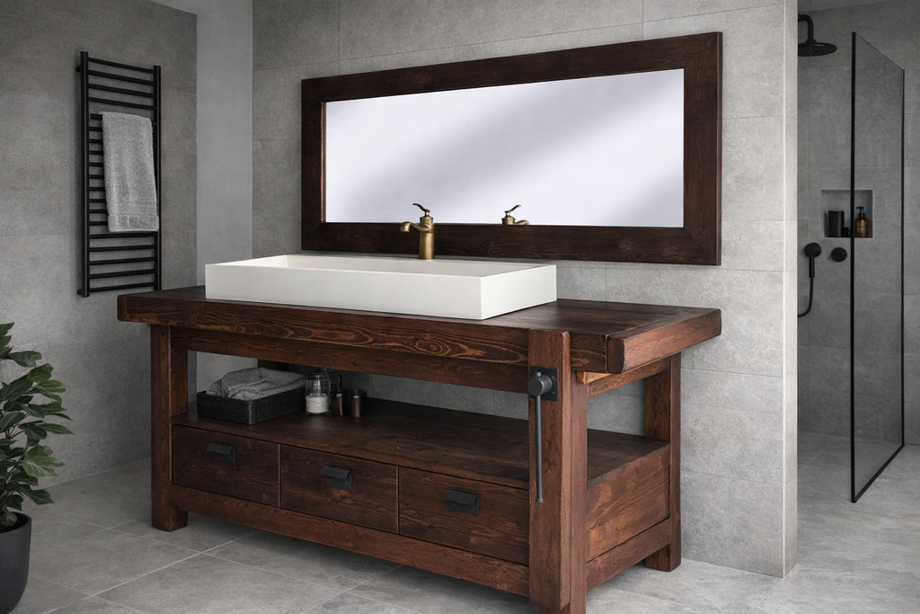 Badezimmerschrank Valentina im Industriestil aus Massivholz + Waschbecken und Wasserhahn aus Stein, Spiegel und Toilettenpapierhalter optional, Maße 110 x 60 x H72 + 15 cm