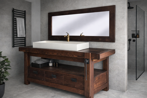 Badezimmerschrank Valentina im Industriestil aus Massivholz + Waschbecken und Wasserhahn aus Stein, Spiegel und Toilettenpapierhalter optional, Maße 110 x 60 x H72 + 15 cm