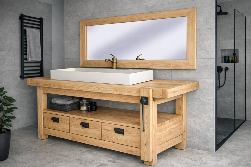 Badezimmerschrank Valentina im Industriestil aus Massivholz + Waschbecken und Wasserhahn aus Stein, Spiegel und Toilettenpapierhalter optional, Maße 110 x 60 x H72 + 15 cm