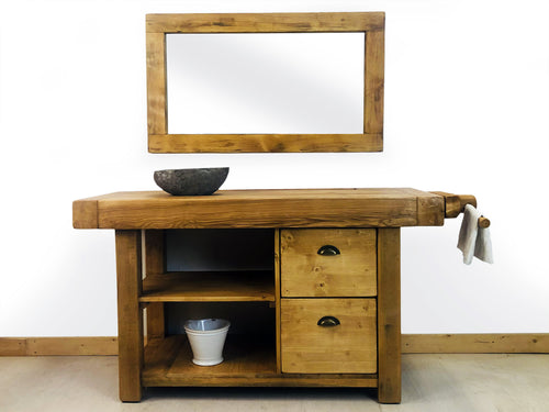 Carpenter style bench for bathroom furniture solid wood natural finish optional mirror and sink 160x63h86cm CUSTOM MADE