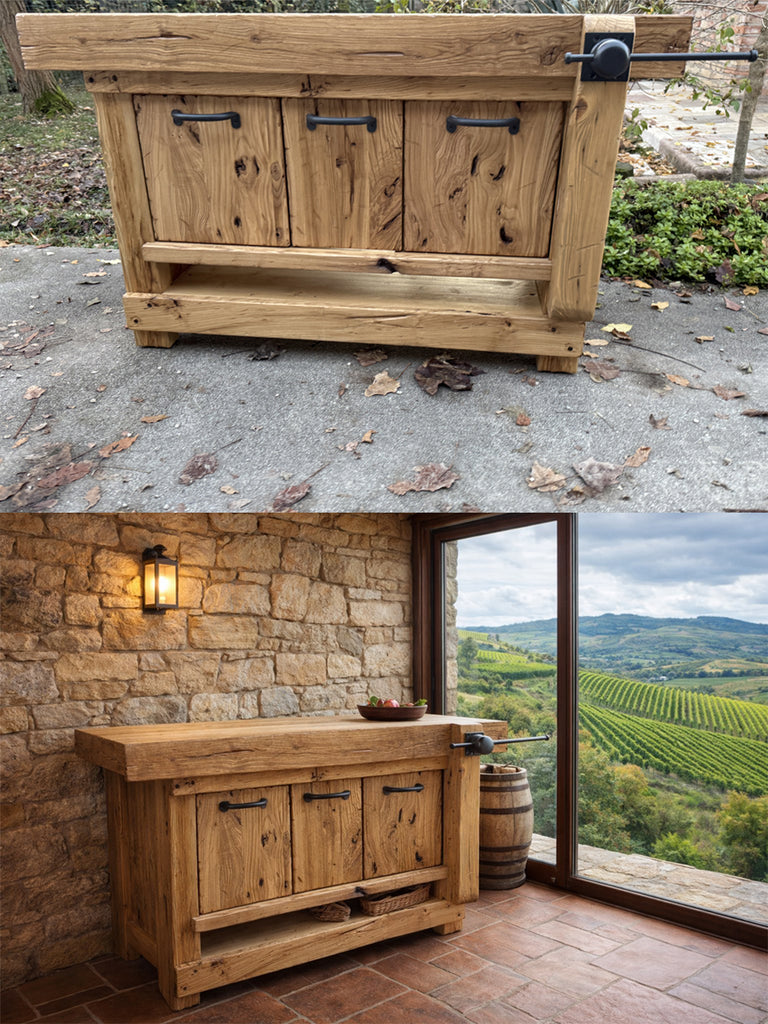 Badezimmerschrank Valentina im Industriestil aus Massivholz + Waschbecken und Wasserhahn aus Stein, Spiegel und Toilettenpapierhalter optional, Maße 110 x 60 x H72 + 15 cm