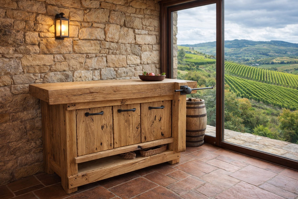 Badezimmerschrank Valentina im Industriestil aus Massivholz + Waschbecken und Wasserhahn aus Stein, Spiegel und Toilettenpapierhalter optional, Maße 110 x 60 x H72 + 15 cm