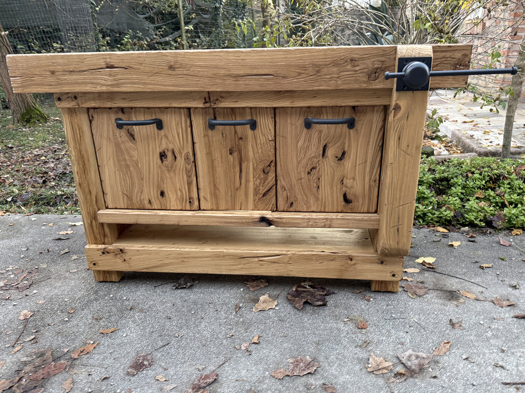 Badezimmerschrank Valentina im Industriestil aus Massivholz + Waschbecken und Wasserhahn aus Stein, Spiegel und Toilettenpapierhalter optional, Maße 110 x 60 x H72 + 15 cm