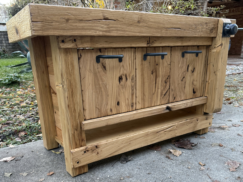 Badezimmerschrank Valentina im Industriestil aus Massivholz + Waschbecken und Wasserhahn aus Stein, Spiegel und Toilettenpapierhalter optional, Maße 110 x 60 x H72 + 15 cm