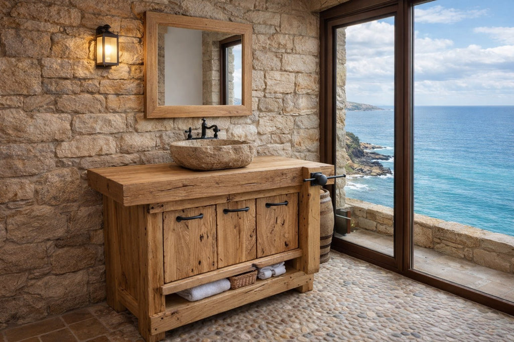 Badezimmerschrank Valentina im Industriestil aus Massivholz + Waschbecken und Wasserhahn aus Stein, Spiegel und Toilettenpapierhalter optional, Maße 110 x 60 x H72 + 15 cm