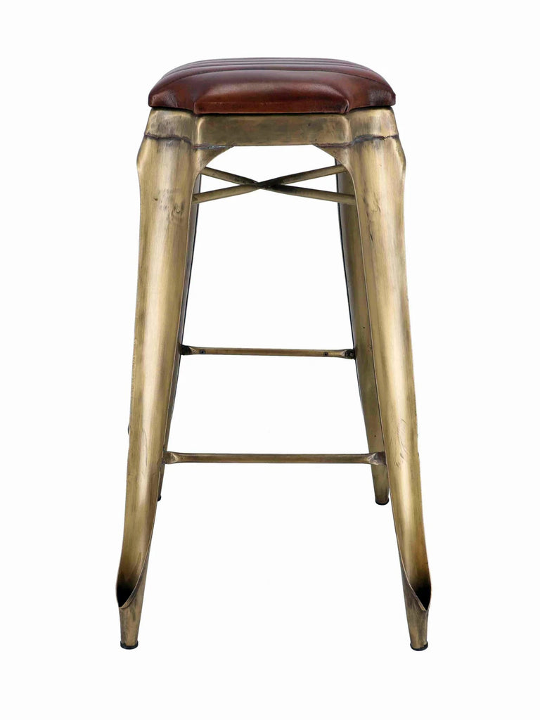 Sgabello alto H. 77 cm tipo BAR PUB stile INDUSTRIAL in metallo e seduta in ecopelle – finitura ottone anticato