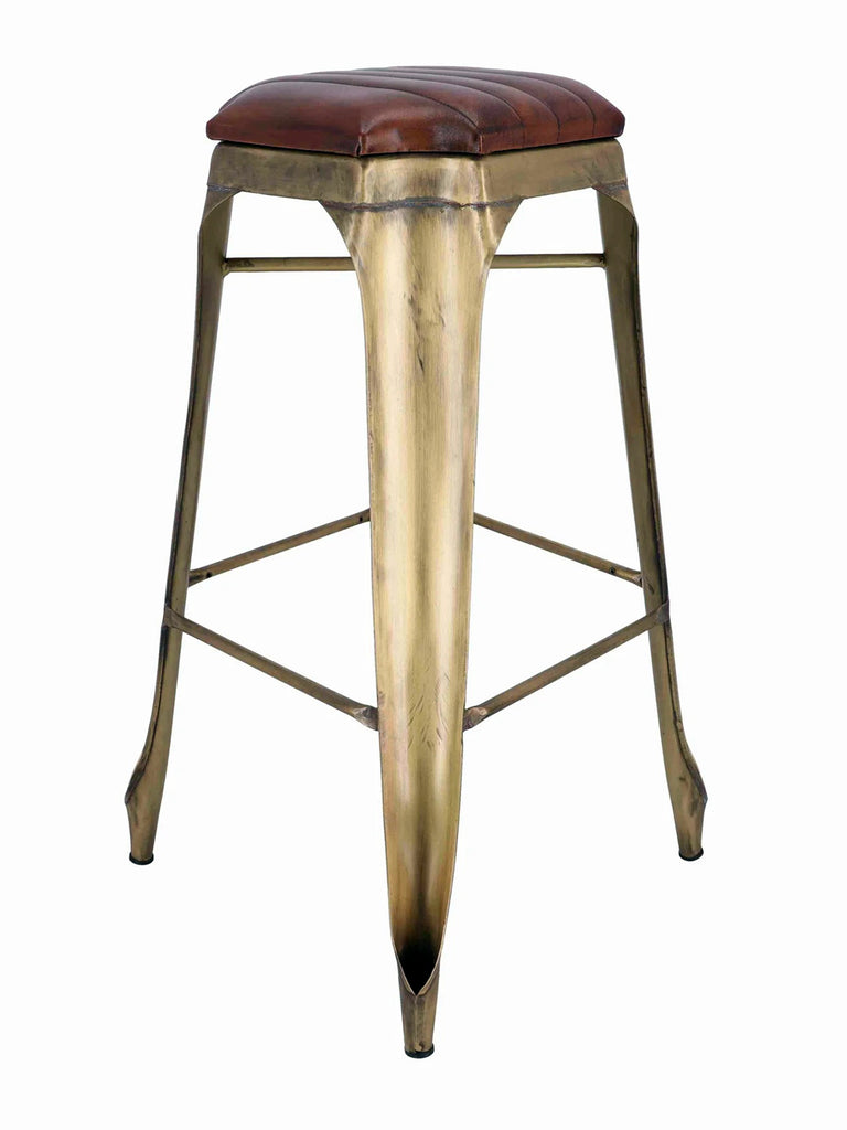 Sgabello alto H. 77 cm tipo BAR PUB stile INDUSTRIAL in metallo e seduta in ecopelle – finitura ottone anticato
