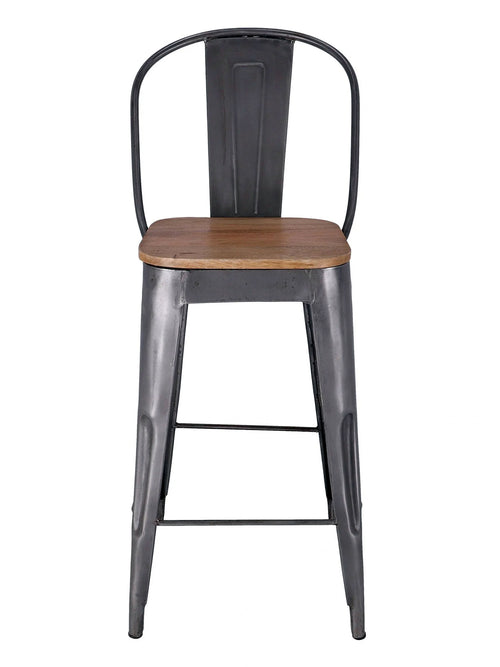 Sgabello alto da BAR con schienale H. 108 stile INDUSTRIAL in metallo e seduta in legno – finitura grigio anticato