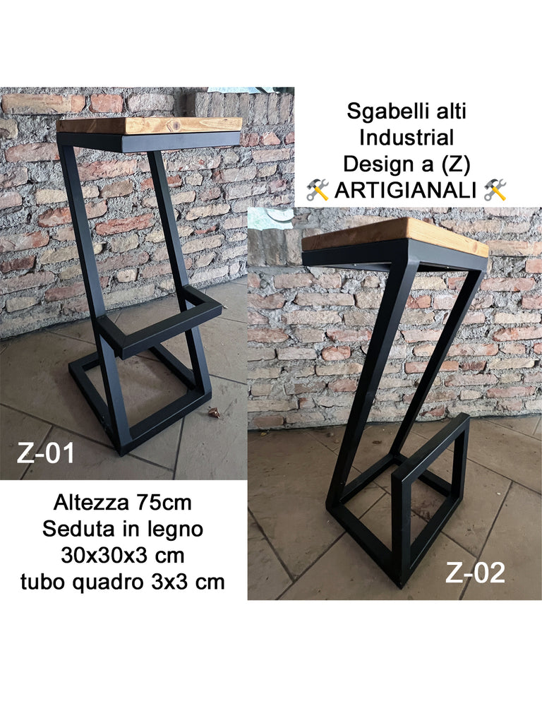 Sgabelli alti Z-01 / Z-02 | Design a “Z” INDUSTRIAL in legno massello e metallo – H.75 cm PERSONALIZZABILI