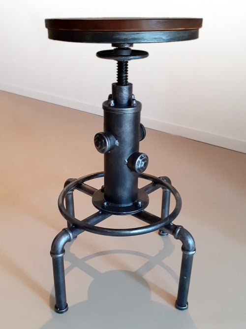 Sgabello H. 60 - 70 cm regolabile a vite stile INDUSTRIAL design IDRANTE in metallo con seduta in legno