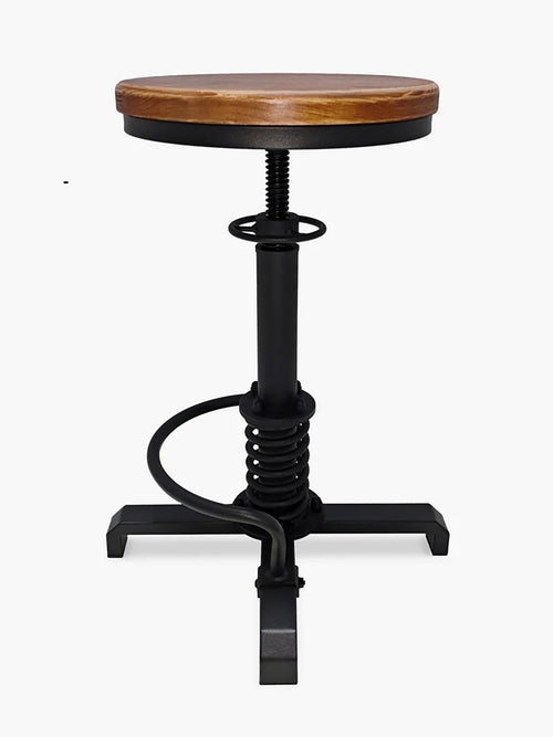 Sgabello H. 52–62 cm regolabile a vite tipo bar/pub – design VINTAGE INDUSTRIAL a molla – struttura in metallo e seduta in legno – finitura nero opaco