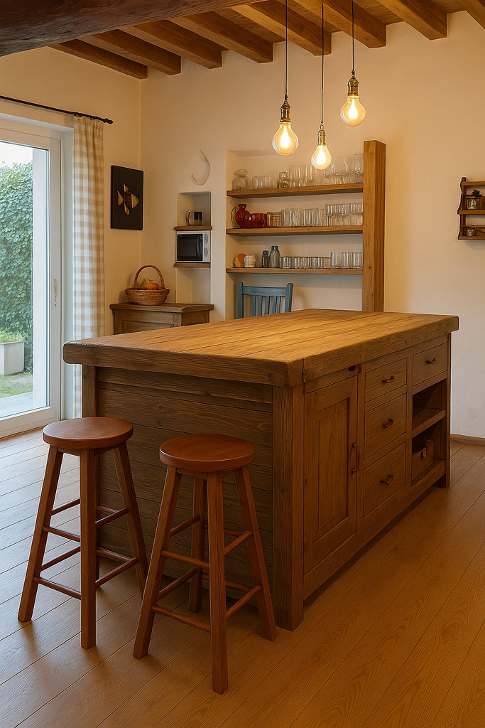 Hoher Hocker H. 65/75 cm BAR PUB COUNTRY-Stil aus Massivholz runde Sitzfläche trapezförmige Struktur ANPASSBAR