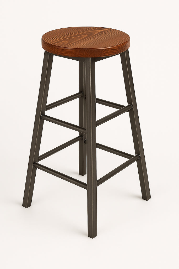 Hoher Hocker H. 65/75 cm BAR PUB INDUSTRIE-Stil Sitz aus Massivholz / trapezförmiges Metallrohrgestell ANPASSBAR