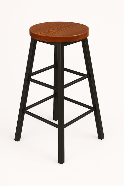 Hoher Hocker H. 65/75 cm BAR PUB INDUSTRIE-Stil Sitz aus Massivholz / trapezförmiges Metallrohrgestell ANPASSBAR