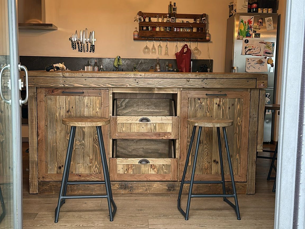 Hoher Hocker H. 60/70 cm, INDUSTRIE-Stil, Farbe NUSSBAUM/ANTHRAZITGRAU, ANPASSBAR UND MASSGEFERTIGT