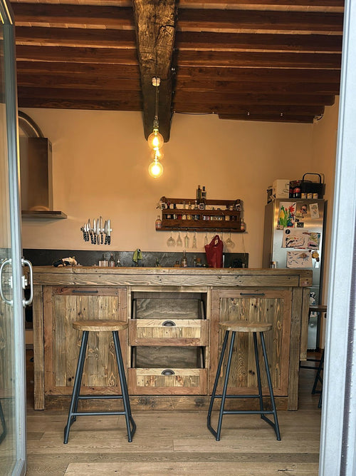 Hoher Hocker H. 60/70 cm, INDUSTRIE-Stil, Farbe NUSSBAUM/ANTHRAZITGRAU, ANPASSBAR UND MASSGEFERTIGT