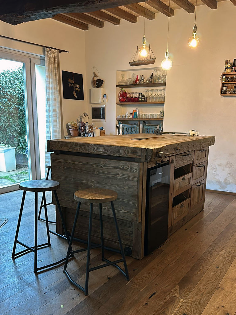 High stool H. 60/70 cm INDUSTRIAL style color WALNUT/BLACK CUSTOMISABLE AND MADE TO MEASURE