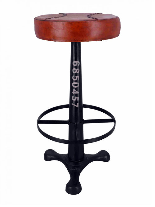 Sgabello alto H. 80 cm stile retrò POMPA DA BICICLETTA – design INDUSTRIAL con struttura in metallo nero e seduta in ecopelle con cuciture baseball