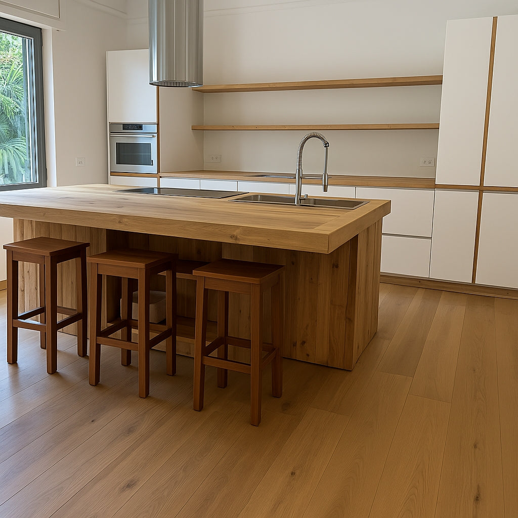 Hoher Hocker H. 65/75 cm COUNTRY-Stil aus Massivholz Quadratisches Design mit ANPASSBARER Fußstütze