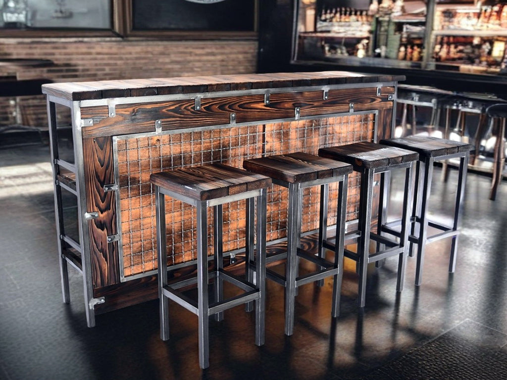 Hoher Hocker H. 65/75 cm Quadratisches Design im INDUSTRIE-Stil Massivholz / Metallrohrrahmen ANPASSBAR