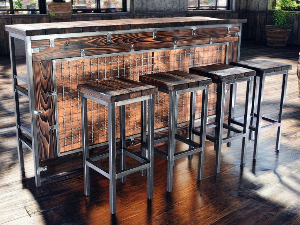 Hoher Hocker H. 65/75 cm Quadratisches Design im INDUSTRIE-Stil Massivholz / Metallrohrrahmen ANPASSBAR