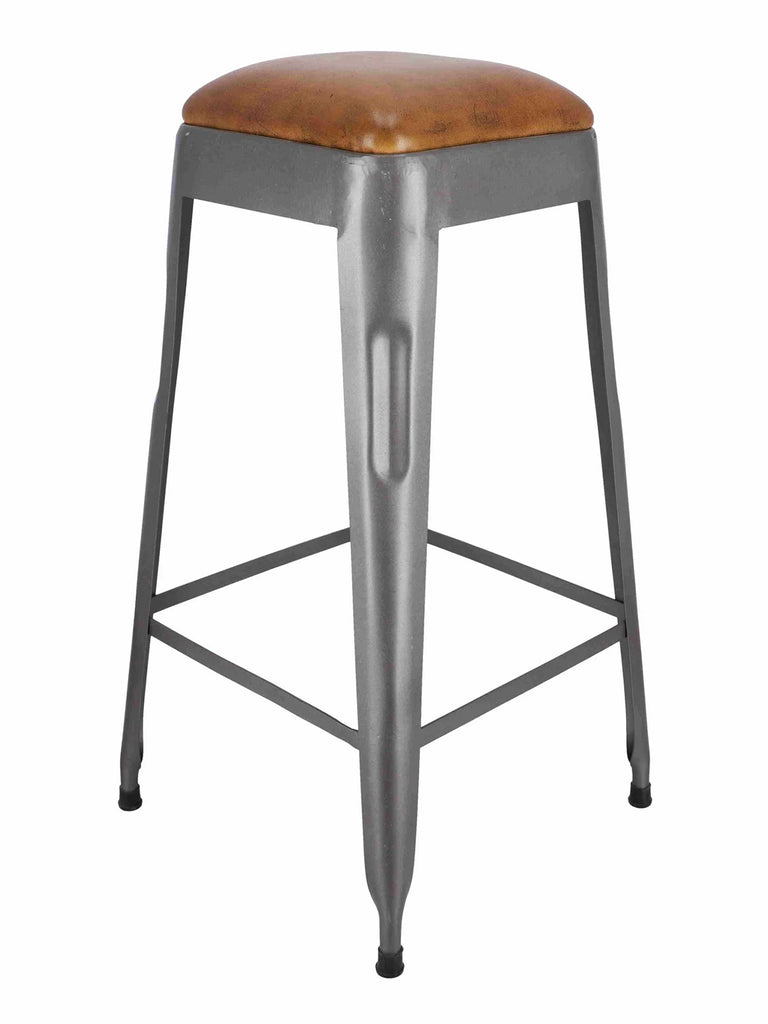 Sgabello alto H. 70 cm tipo BAR PUB stile INDUSTRIAL in metallo e seduta in ecopelle – finitura grigio