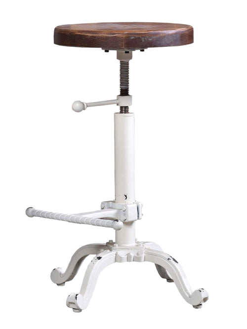 Sgabello H. 53–68 cm regolabile a vite tipo bar/pub – design VINTAGE INDUSTRIAL – struttura in ghisa e seduta in legno – finitura bianco Shabby