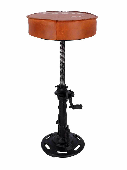 Sgabello regolabile H.51 cm con cremagliera tipo bar/pub, stile INDUSTRIAL, seduta rotonda in ecopelle decorata, finitura metallo/ghisa nero