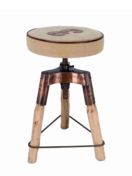 Sgabello H. 60 cm regolabile a vite – stile RUSTICO COUNTRY-INDUSTRIAL – struttura bronzo anticato, gambe in legno, seduta in ecopelle decorata